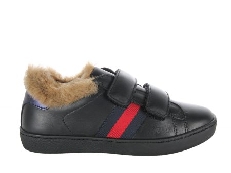 Gucci Kids Faux Fur Black Web Trainers on Sale